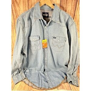 Wrangler NWT Blue Denim Work Shirt Cowboy Cut Pearl Snap Size XL-Tall